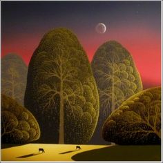 a painting of some trees and the moon in the sky above them, with two cows grazing on the grass