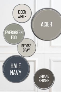 the names of different types of grays and browns on a white door with black lettering