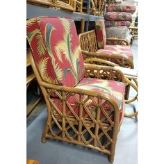 wicker chairs are lined up in a store