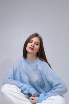 Knitted Mohair and Silk sweater - oversized sweater XS-XL - Italian 70% kid mohair 30% silk - extra soft - extended sleeve - easy care Trendy Oversized Fine Knit Sweater, Oversized Fine Knit Sweater, Fine Knit Mohair Sweater For Fall, Winter Soft Knit Mohair Tops, Cozy Blue Mohair Sweater, Casual Blue Mohair Sweater, Mohair Sweater With Soft Knit And Crew Neck, Mohair Crew Neck Soft Knit Sweater, Mohair Soft Knit Crew Neck Sweater