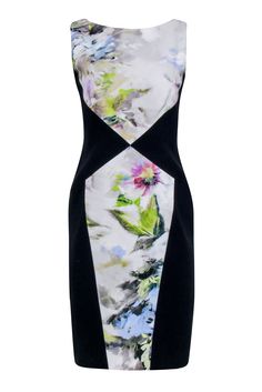 Current Boutique-Theia - Navy w/ Multi Color Floral Patterned Front Dress Sz 8 Elegant Multicolor A-line Sleeveless Dress, Elegant Sleeveless A-line Dress With Floral Print, Elegant Printed Sheath Dress, Elegant Sheath Printed Dresses, Elegant Sleeveless Printed Dress, Elegant Printed Sleeveless Dress For Spring, Elegant Abstract Print Midi Dress For Spring, Sleeveless Floral Dress For Formal Occasions, Elegant Spring Midi Dress With Abstract Print