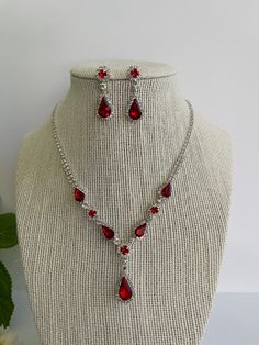 Cheap Red Vintage Necklaces, Formal Red Dangle Jewelry Sets, Red Rhinestone Jewelry Sets For Wedding, Red Crystal Dangle Jewelry, Red Crystal Jewelry Sets For Valentine's Day, Evening Red Jewelry With Rhinestones, Red Rhinestone Jewelry For Evening, Red Rhinestone Evening Jewelry, Elegant Red Rhinestone Necklace For Formal Occasions