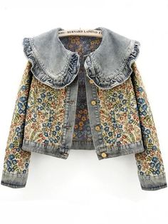 Mid blue floral embroidered jeans flaps jacket - Wapas Trendy Denim Jacket, Trendy Denim, Floral Denim, Collars For Women, Embroidered Jeans, Denim Jacket Women, Denim Coat, Pan Collar, Mode Inspiration