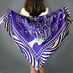 "Lady Of Passion Purple Square Silk Scarf - Wearable ART   DEAILS & CARE : Wearable ART 100% Silk Designed with love in London Made in Italy Hand Hemming Finishes Dry clean DIMENSIONS : 90 cm x  90 cm \"Lady Of Passion\" Silk Scarf design is part of Migration Collection limited edition print. SAYNA LONDON 100% silk scarves are designed with love in London, each design tells a beautiful, powerful and inspirational story. Our silk accessory products are  made in Como-Italy with finest silk by prof Elegant Square Scarves For Gifts, Elegant Square Scarf For Gift, Elegant Square Scarf Gift, Elegant Square Scarf Gift Idea, Artistic Purple Silk Scarves, Artistic Purple Silk Scarf, Elegant Rectangular Silk Scarf As Gift, Elegant Satin Scarves As Gifts, Elegant Square Silk Scarf Gift