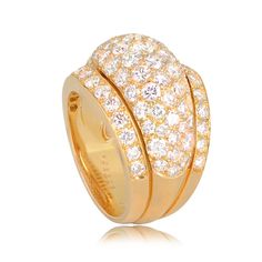 From the Cartier Nigeria collection. This ring is dazzled with collection grade round brilliant cut diamonds with a total approximate weight of 4.10 carats, D-F color, and VVS clarity. This ring is 18k yellow gold, and is signed Cartier, numbered, and has maker marks and French mark’s stamped on the back.
The mm width of the diamond section graduates from 17.50mm – 12.30mm.
The current size of this ring is 7.
If you have any questions about this Cartier Nigeria ring, please feel free to contact us. Luxury Dome Ring With Round Cut Prong Setting, Luxury Dome Ring With Prong Setting, Luxury Brilliant Cut Cubic Zirconia Dome Ring, Luxury Yellow Gold Dome Ring With Pave Setting, Luxury Yellow Gold Dome Ring With Diamonds, Luxury Dome Ring With Brilliant Cut Cubic Zirconia, Luxury Diamond Dome Ring With Brilliant Cut, Luxury Yellow Gold Dome Ring With Brilliant Cut, Luxury Dome Ring With Brilliant Cut Diamond