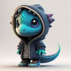 a small blue and green dragon wearing a hoodie