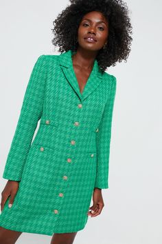 Emerald Tweed Stacie Dress | Pomander Place Fall Denim, Slingback Heels, Power Dressing, Feminine Silhouette, Tweed Fabric, Sport Dress, Slingback Heel, Vibrant Green, Low Iron