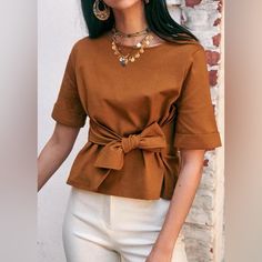 Brand New Fr 36 / Us 4 Chic Brown Tops For Brunch, Elegant Crew Neck Top For Brunch, Elegant Crew Neck Top For Day Out, Chic Brown Cotton Tops, Brown Cotton Tops For Brunch, Brown Cotton Top For Brunch, Brown Crew Neck Top For Day Out, Elegant Brown Crew Neck Top, Boho Chic Fashion