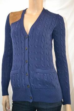 Ralph Lauren NAVY BLUE CABLE KNIT SUEDE CARDIGAN SWEATER NWT --RALPH LAUREN-   -MISSES SIZE -"NEWPORT" NAVY with SUEDE PATCH ON RIGHT SHOULDER- -TWO DARLING FRONT POCKETS- -SIX DARK TRANSLUCENT BUTTONS- -CABLEKNIT THROUGHOUT- -RIBBED CUFFS AND WAISTBAND-   XS S M L XL Underarm to Underarm 16.5”(41.9cm) 17.5”(44.5cm) 19”(48.3cm) 20.5”(52.1cm) 22”(55.9cm) Length 25”(63.5cm) 25”(63.5cm) 25.5”(64.8cm) 26”(66cm) 26.5”(67.3cm) THE SIZE SHOWN ISN'T NECESSARILY THE SIZE OFFERED IN THIS AUCTION! Other si Navy Knitted Sweater For Fall, Navy Cotton Winter Cardigan, Blue Cable Knit V-neck Cardigan, Navy Cotton Cardigan For Winter, Navy Fitted Sweater For Fall, Navy Fitted Knitted Sweater, Fitted Navy Knitted Sweater, Navy Cotton Cardigan For Fall, Navy Button Sweater For Fall