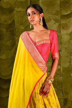 Passionfruit yellow lehenga with gold zari beaten hand embroidery. Paired with a pink embroidered blouse and fan pleat trimmed embroidered dupatta. - Aza Fashions Transitional Gold Pre-draped Saree With Gota Work, Designer Yellow Kundan Sets, Bollywood Style Yellow Pre-draped Saree For Navratri, Yellow Bollywood Pre-draped Saree For Navratri, Transitional Yellow Traditional Wear With Dori Work, Yellow Chanderi Choli With Traditional Drape, Traditional Drape Yellow Chanderi Choli, Designer Yellow Chanderi Choli, Yellow Saree Set With Zari Work