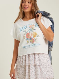 Explore the flora of Barcelona from afar with our Botanical Garden tee. This comfy tee features a vibrant graphic of the Barcelona Botanical Gardens, letting you rep your love for nature in style. Say What You Mean, Sweatshirts For Women, White Floral Dress, Floral White, Altar'd State, Say What, Botanical Garden, Comfy Tees, Dress Romper