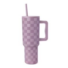 a purple checkered cup with a straw sticking out of it's side, on a white background