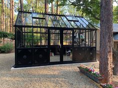 a glass house in the middle of some trees and gravel with flowers growing around it