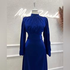 This Is A Very Nice And Unique Dress. It Is Made Of A Somewhat Satin Material. Brand New And Never Before Worn, And In Great Condition. Blue Fitted Maxi Dress For Dinner, Elegant Royal Blue Evening Dress For Night Out, Blue Long Sleeve Maxi Dress For Dinner, Royal Blue Long Sleeve Evening Midi Dress, Royal Blue Long Sleeve Formal Dress, Elegant Blue Maxi Dress For Dinner, Royal Blue Long Sleeve Midi Dress For Formal Occasions, Royal Blue Long Sleeve Midi Dress For Formal Events, Blue Long Sleeve Evening Dress For Dinner