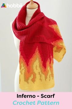 a knitted scarf on top of a white mannequin torso with text overlay that says inferno - scarf crochet pattern