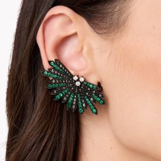 Penacho Cocktail Emerald Earrings - Crafted in 18K black gold (750/1000). Set with 4.20 carats of black diamonds. Adorned with 8.08 carats of emeralds. Measurements: 5cm length, 2.7cm width. Aztec Culture, Mexican Heritage, Black Diamonds, Earring Crafts, Emerald Earrings, 4 20, Black Diamond, Emerald, Diamonds