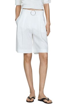 Upgrade your office style for warm weather with these crisp flat-front Bermuda shorts crafted from breathable linen and topped with a matching belt. Zip fly with hook-and-bar closure Removable belt Lined 100% linen Machine wash, line dry Imported Belted Linen Bottoms For Spring, Relaxed Fit Linen Bermuda Shorts For Workwear, Casual Linen Belted Bottoms, Casual Linen Bermuda Shorts For Work, Belted Linen Shorts For Summer, Elegant Bermuda Shorts With Belt Loops For Summer, Linen Bermuda Bottoms For Work, White Linen Bermuda Knee-length Shorts, White Belted Shorts For Summer