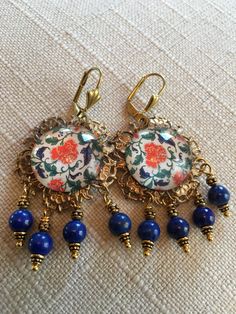 Vintage Japanese Art Glass Cabochon Vintage Flower Brass Lapis Lazuli Pendants Brass Leverback Closure Size :  2 2/8  inches.               (5.5 cm) Vintage Japanese Art, Lapis Lazuli Pendant, Santa Fe Nm, Pendant Earrings, Vintage Japanese, Vintage Flowers, Japanese Art, Santa Fe, Lapis Lazuli