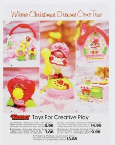 the advertisement for toys for creative play is shown in pink and yellow colors, with images of children's toys