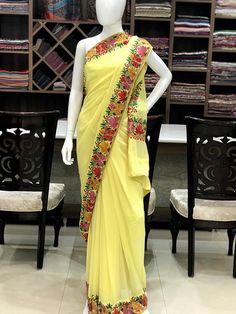 A Marvellous Embroidered Kashmiri Saree which you can wear at any party or a wedding. - - - - - - - - - - - - - - - - - - - -  Product Details - Condition: Brand New (made to order) - Style: Women Sari Dress - Embroidery: Kashmiri Aari Embroidery - Base Colour: Yellow - Embroidery Colour: Multi-Colour - Care Instructions: Dry Clean Only F A B R I C Saree: Viscose Georgette Blouse: Indian Crepe F I N I S H - Unstitched You can get it stitched locally. - Stitched Want your blouse ready to wear, let us know the style you want and we will stitch it for you. PLEASE NOTE: We would require you to share specific, precise body measurements to stitch the blouse.  If you require guidance on how to take your measurements, please drop us a message. - Blouses are not made to US/UK/EU sizing charts. They Sari Dress, Georgette Blouse, Aari Embroidery, Embroidery Saree, Color Care, Embroidery Dress, Traditional Outfits, Spring Outfits, Ready To Wear