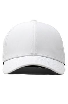 a white baseball cap with black stitching on the front and side panel, facing forward