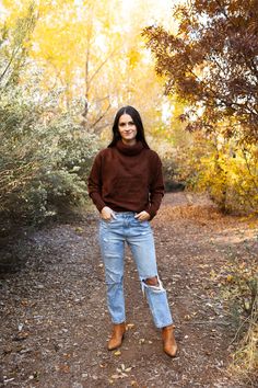 brown turtleneck sweater. matches perfectly with the caribou knit skirt. stacy is wearing a size small. fits true size. Casual Brown Turtleneck For Fall, Brown Long Sleeve Turtleneck For Fall, Casual Brown Turtleneck Sweater, Brown Funnel Neck Turtleneck For Fall, Brown Casual Turtleneck For Layering, Casual Brown Turtleneck For Layering, Cozy Brown High Neck Turtleneck, Fall Cable Knit Turtleneck, Brown High Neck Turtleneck