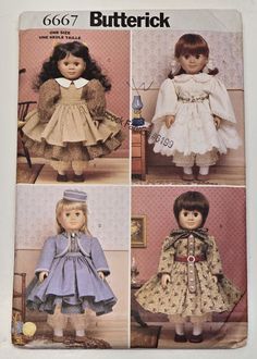 four dolls in dresses and hats are shown on the cover of a sewing pattern for children's clothes