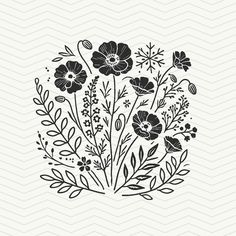 a black and white drawing of flowers on a chevron background