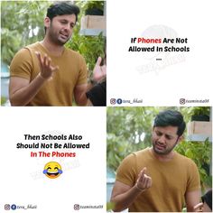 two pictures of a man talking to each other with the caption if phones are not allowed in schools