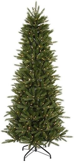 a green christmas tree with lights on it's branches and a black stand against a white background