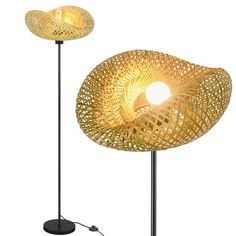 two lamps that are next to each other on a white background, one is shaped like a flower and the other has a round light bulb