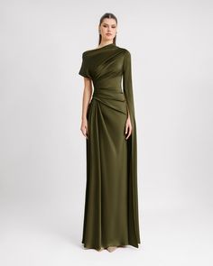 Gemy Maalouf | Evening Dresses | Asymmetrical Neckline Draped Dress Black Tie Wedding Attire, Dress Classy Elegant, Debutante Dresses, Long Sleeve Satin Dress, Long Green Dress, Chic Dress Classy, Long Sleeve Evening Gowns, Mother Of The Bride Gown, Olive Dress