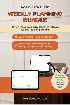 a poster with the words weekly planning and an image of a laptop on a desk