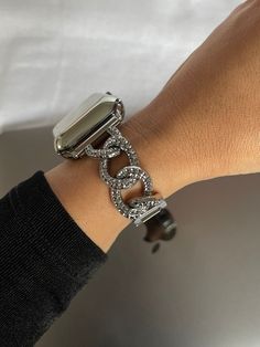 Lux Silver Textured Chain band for the Apple Watch. The choice for luxury lovers who know how to elevate their style.  Made of the highest-quality durable metal and available in a range of stylish tones. Wont cause skin irritation and has high quality leatherette woven for that luxury look and feel.  The watch bands are easily interchange on you apple watch for the perfect style up and to match your outfits to your occasion and style. ⌚️ Apple watch Metallic body cover be added to your order if Elegant Metal Apple Watch Band With Solid Link Construction, Luxury Chain Link Watch Band With Bracelet Strap, Elegant Chain Link Bracelet Strap Watch Bands, Elegant Chain Link Bracelet Watch Bands, Elegant Chain Link Bracelet Strap Apple Watch Band, Luxury Chain Link Bracelet Strap For Apple Watch, Luxury Apple Watch Band With Chain Link Bracelet Strap, Luxury Apple Watch Chain Link Bracelet Strap, Luxury Silver Watch Band With Solid Link Construction