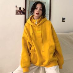 Korean Hoodie, Turtleneck Hoodie, Solid Hoodie, Yellow Violet, Loose Hoodie, Yellow Hoodie, Yellow Sweatshirt, Tony Moly, Trendy Chic