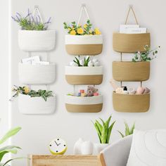 several hanging baskets on the wall with plants and other things in them next to a chair