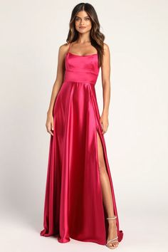 Shop Dresses for Weddings | Wedding Guest Dresses - Lulus Magenta Bridesmaid Dresses, Bright Bridesmaid Dresses, Hot Pink Satin Dress, Pink Wedding Guest Dresses, Hot Pink Bridesmaid Dresses, Hot Pink Bridesmaids, Hot Pink Weddings, Ruffle Bodycon Dress, Pink Bridesmaid Dress