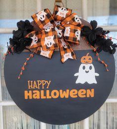 Cute ghost inspired happy Halloween sign with a complimentary handmade bow. This one is 18 inch in diameter and is hand painted with outdoor stain. All signs are sealed with an outdoor sealant to help protect them from the weather.  I do recommend avoiding direct exposure to harsh weather conditions to ensure their longevity for years to come. Happy Halloween Sign, Halloween Door Hanger, Happy Halloween Signs, Halloween Door Hangers, Halloween Sign, Halloween Door, Halloween Signs, Handmade Bows, Cute Ghost