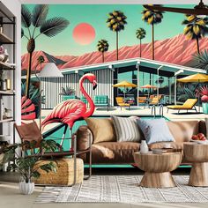 a living room with a flamingo mural on the wall and palm trees in the background