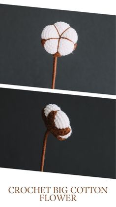 crochet big cotton flower is shown in two different pictures, one white and the other brown