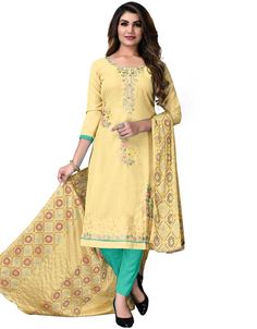 Champagne Cotton Pant Salwar Suits Fitted Cotton Palazzo Set With Dabka Work, Fitted Cambric Lawn Suit With Embroidery, Fitted Embroidered Cambric Lawn Suit, Embroidered Fitted Cambric Lawn Suit, Fitted Cambric Churidar For Eid, Semi-stitched Yellow Cotton Lawn Suit, Semi-stitched Cotton Lawn Suit In Yellow, Fitted Lawn Suit With Multicolor Embroidery For Eid, Fitted Cambric Salwar Kameez With Embroidery