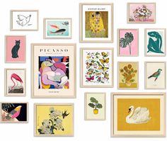 many different framed pictures on the wall with birds and flowers in them, including swans