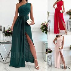 Sleeveless Asymmetric Shoulder Hollow Out Split Maxi Dress Asymmetrical One Shoulder Summer Prom Dress, Asymmetrical One Shoulder Dress For Spring Prom, Asymmetrical One Shoulder Dress For Prom In Spring, Summer Prom One-shoulder Draped Dress, Summer Prom One Shoulder Draped Dress, Sleeveless Asymmetrical Summer Prom Dress, Sleeveless Asymmetrical Dress With Side Slits For Cocktail, Cocktail Asymmetrical Sleeveless Dress With Side Slits, Chic Asymmetrical Prom Dress