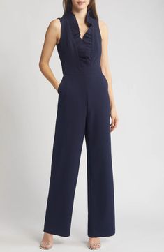 Eliza J Ruffle Neck Jumpsuit | Nordstrom Eliza J, Wedding Guest Outfit, Size 2, Jumpsuit, Hand Wash, Navy Blue, Nordstrom, Spandex, Festival