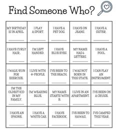 a printable game for kids to play with the words, find someone who?