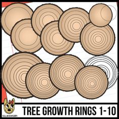 a bunch of brown rings sitting on top of a white paper with the words tree growth rings 1 - 10