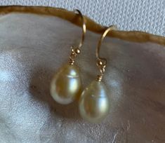 Glowing genuine South seas pearl earrings! South seas pearls are typically larger compared to other cultured pearls, and these are a gorgeous size. They have beautiful luster and elongated drop shapes. They are simple and elegant, especially when combined with 14k yellow gold filled earrings. 14k Gold-filled Yellow Gold Drop Pearl Earrings, Unique Pearl Jewelry, Summer Gold Shell-shaped Pearl Earrings, Gold Shell-shaped Pearl Earrings Ocean-inspired, 14k Gold-filled Yellow Gold Pearl Earrings With Charm, Elegant 14k Gold-filled Earrings With Pearl Charm, Sea Earrings, South Sea Pearls Earrings, Golden South Sea Pearls