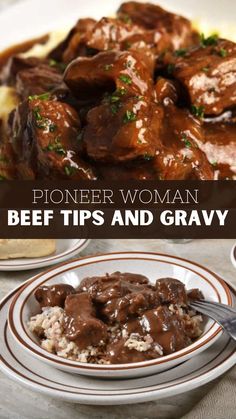 beef tips and gravy in a white bowl on a plate with the words pioneers woman beef tips and gravy