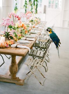 a parrot sitting on top of a wooden table surrounded by chairs and tables covered in flowers