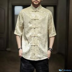 OrcaJump - Elegant Mandarin Collar Embroidered Casual Shirt with Jacquard Silk Brocade - Traditional Chinese Hanfu Dragon Kung Fu, Traditional Chinese Hanfu, Shirt Elegant, Smen, Chinese Hanfu, Top Plus Size, Silk Brocade, Chinese Traditional, Traditional Chinese